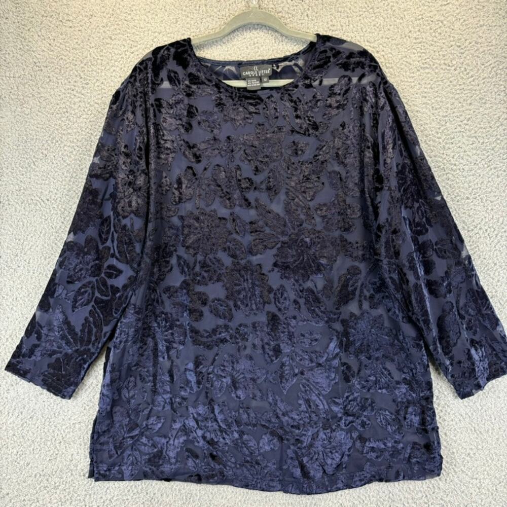 90s Velvet Burnout Top Womens 12 Navy Sheer Cocktail Floral Dressy Carol Little
